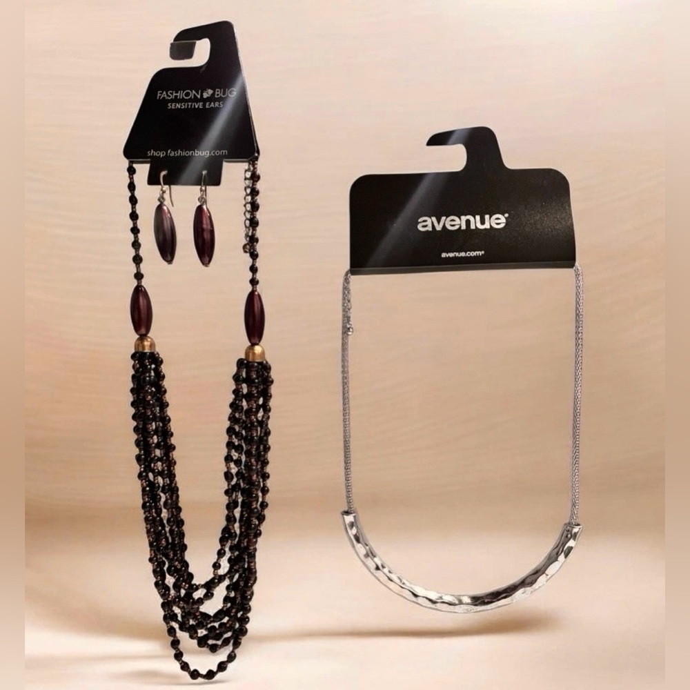 NWT Fashion Bug and Avenue Set Of 2 Long Necklaces Seed Bead Brown and Silver